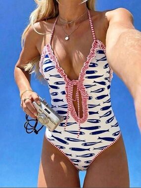 Nautical Fish Print One-Piece Swimsuit with Ruffle Trim